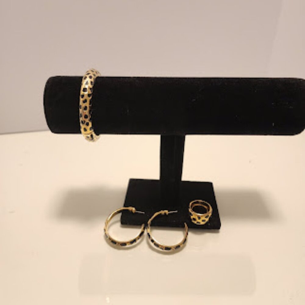 Kenneth Jay Lane Leopard Print Bangle Bracelet with Matching Earrings and Ring